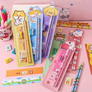 WHAAKART Cute Kids Stationery Set for School | Cartoon Pencil & Writing Kit | Complete School Supplies Set for Boys & Girls (Set of 2)