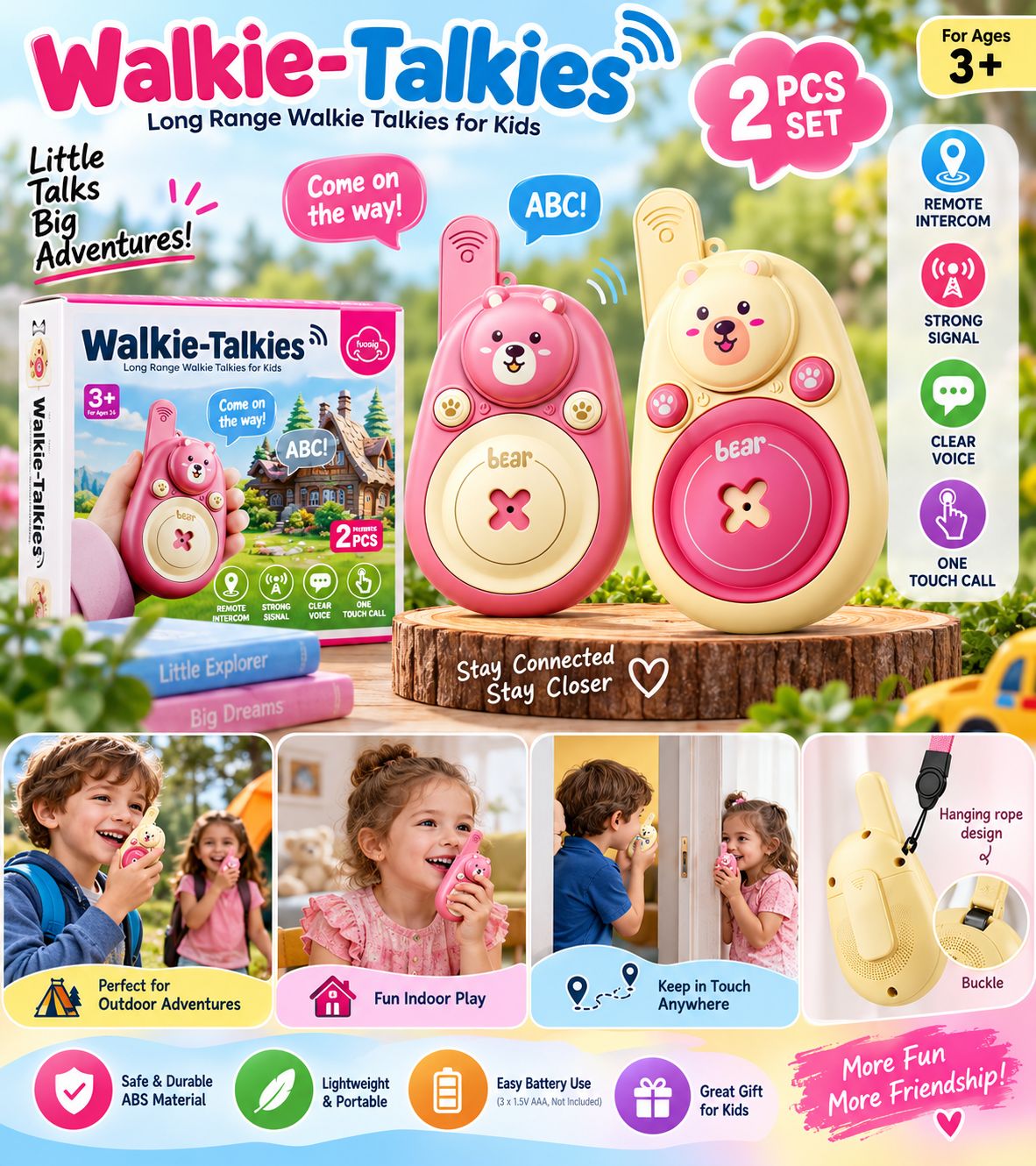 WHAAKART Kids Walkie Talkie Set of 2, Bear-Shaped Long Range Two-Way Communication Toy with One-Touch Call, Hanging Rope & Buckle, Battery Operated